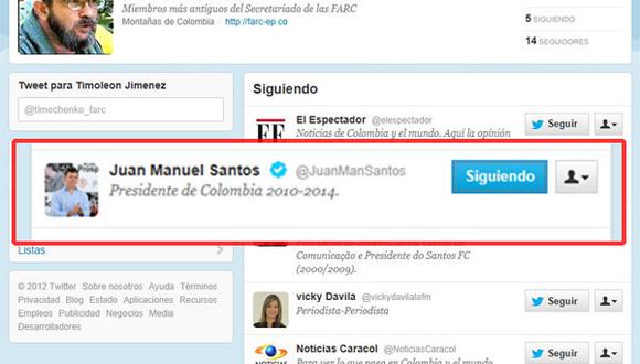 El jefe máximo de las FARC sigue a presidente Santos en Twitter