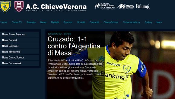Chievo Verona destaca actuación de Cruzado ante Argentina