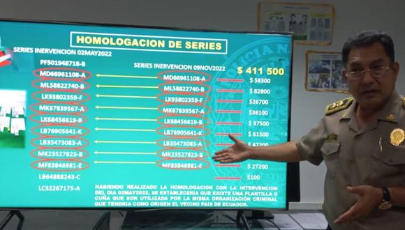 El jefe del Frente Policial, Nicasio Zapata Suclupe, indicó que, tras la homologación de billetes de las últimas incautaciones, estos coinciden en la numeración.