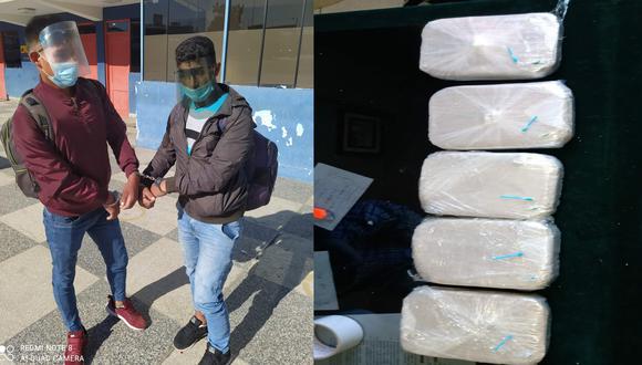 Arequipa: Agentes policiales detuvieron a Amador Cárdenas Félix (21) y su amigo Royyer Villegas Rojas (20), en el terminal terrestre de Arequipa con ocho kilos de pasta básica de cocaína escondidos en dos mochilas. (Foto PNP)