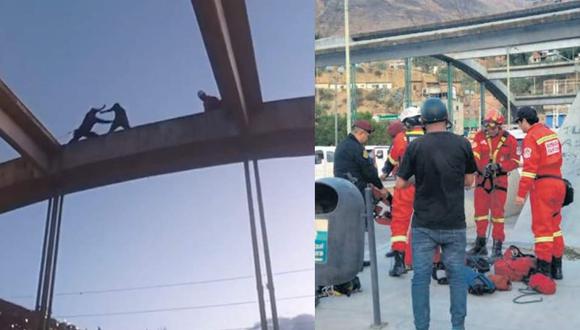 Un valiente agente policial salvó de una muerte segura a un hombre que intentó lanzarse del puente Señor de Burgos en la ciudad de Huánuco./ Foto: Correo