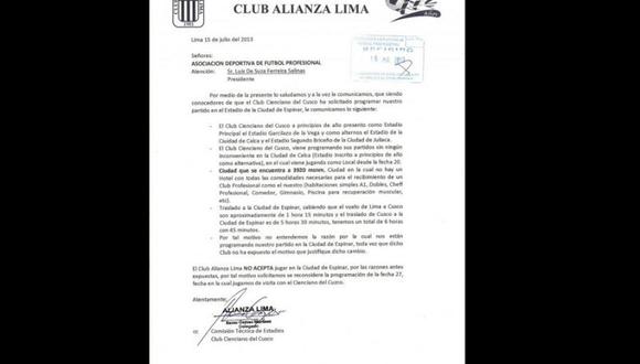 Alianza Lima no quiere jugar ante Cienciano en Espinar 
