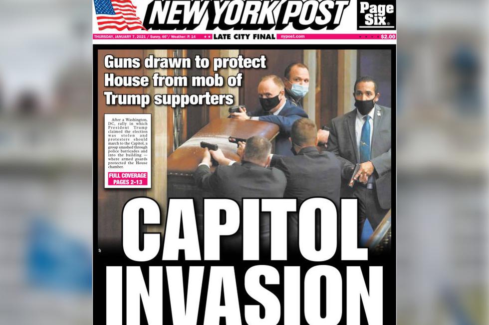 "New York Post", uno de los periódicos más reconocidos de Estados Unidos, tituló lo siguiente: "invasión del Capitolio". Lo ocurrido ayer miércoles se encuentra en casi todas las portadas de los medios estadounidenses. (Foto: New York Post).