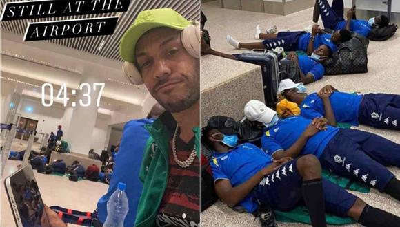 Aubameyang y selección gabonesa durmieron en el suelo del aeropuerto en Gambia. (Foto: Instagram)
