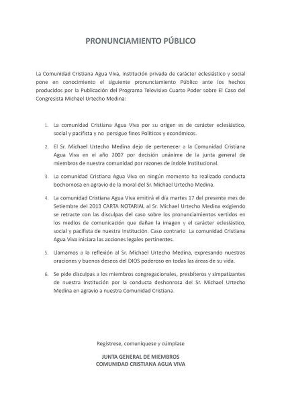 "Agua Viva" exige disculpas a congresista Urtecho