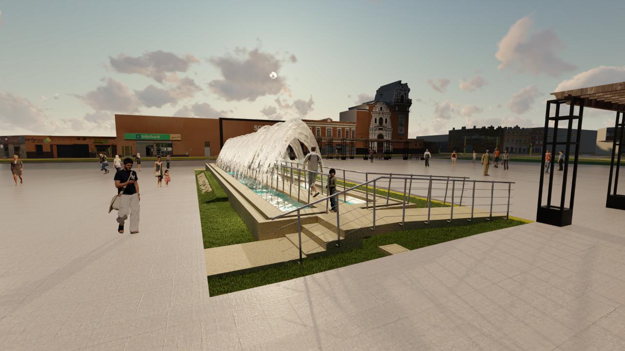 La plaza Manco Cápac contará con una pileta ornamental en que lanzará 50 chorros de agua que formarán un túnel. (Ilustración: Municipalidad de La Victoria)