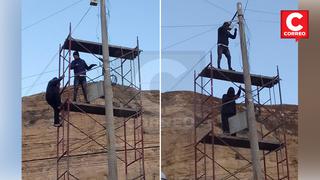 La Oroya: sin medidas de protección trabajadores arriesgan su vida para instalar cámaras de seguridad