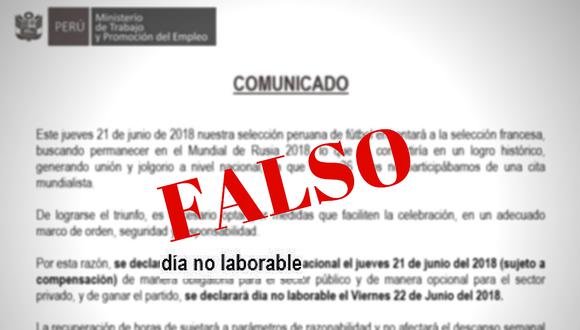 Ministerio de Trabajo desmiente día no laborable por el partido de Perú (FOTO)