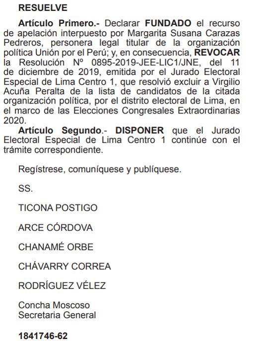JNE decidió aceptar la apelación y dispuso que Virgilio Acuña siga en carrera. (Fuente: El Peruano).
