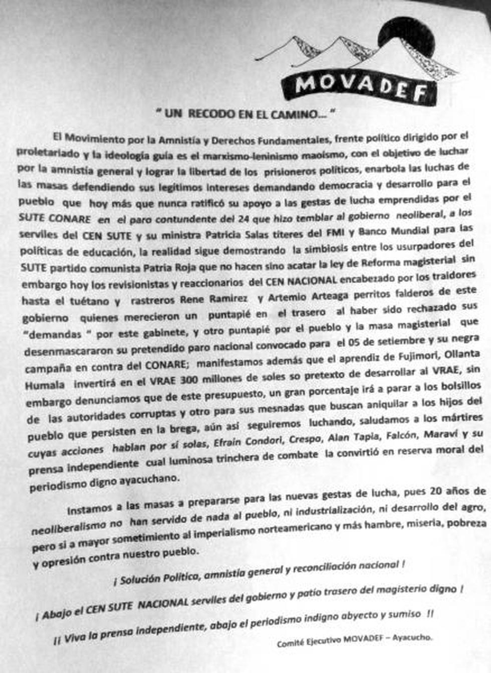 Movadef en guerra mediática a través de panfletos