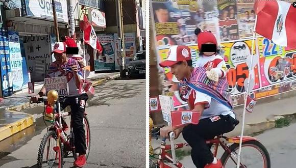 Padre de familia carga a su hijo en una manta para alentar a la Selección Peruana (VIDEO)