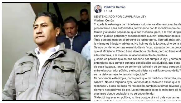 La extensa carta que Vladimir Cerrón dejó en sus redes sociales antes de entregarse 