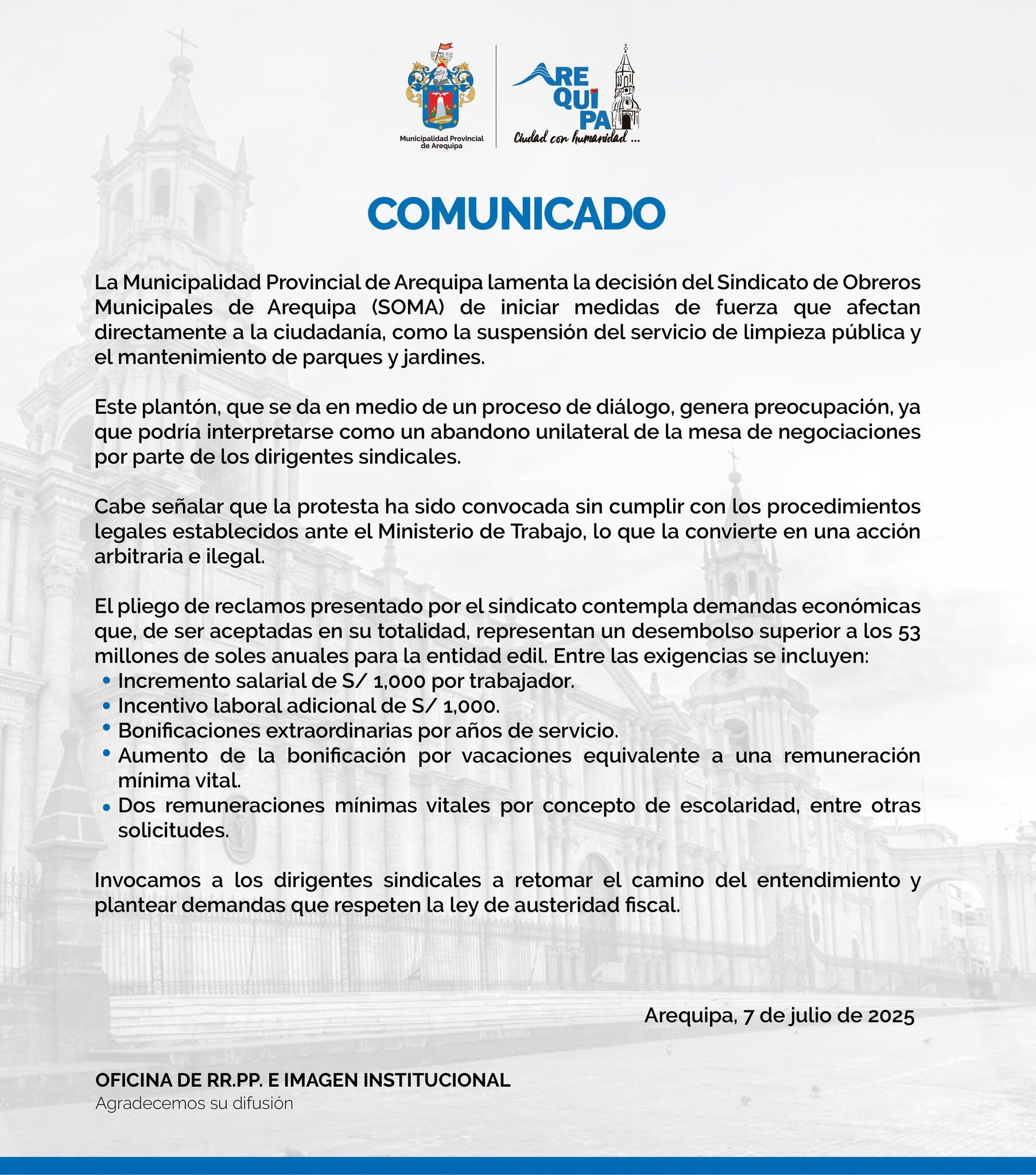 Comunicado de la Municipalidad Provincial de Arequipa
