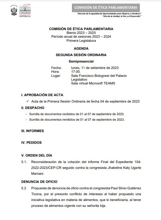Agenda de Ética para este 11 de setiembre. (Foto: Congreso)