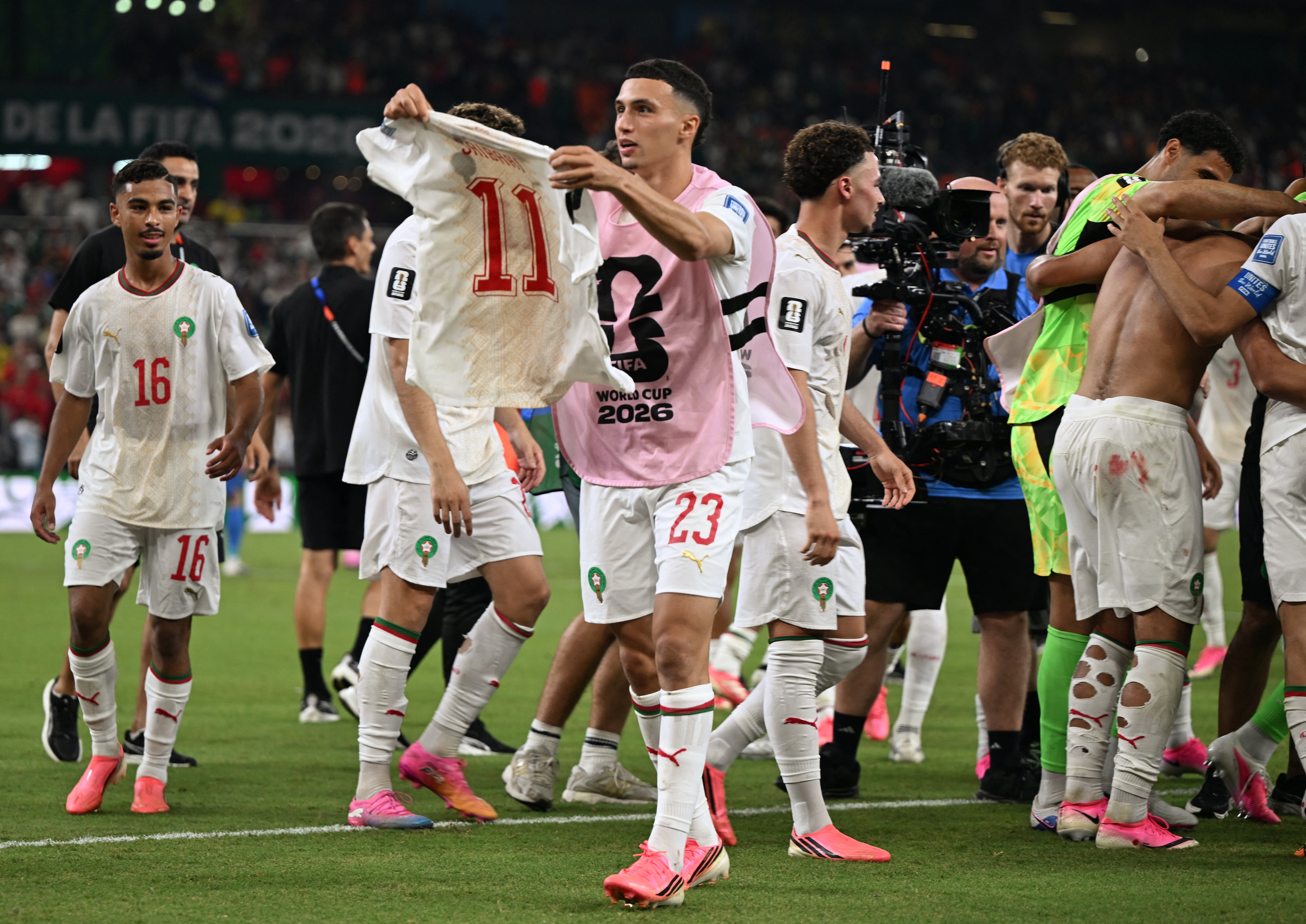 Morocco's midfielder #23 Bilal El Khannouss celebrates after winning the penalty shootout of the 2026 World Cup round of 32 football match between the Netherlands and Morocco at the Monterrey Stadium in Guadalupe on June 29, 2026. (Photo by Alfredo ESTRELLA / AFP)