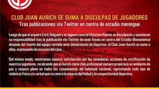 Juan Aurich pidió disculpas por tuits de Erick Delgado y Christian Ramos