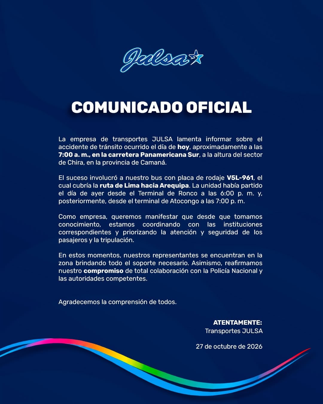 Comunicado de Julsa sobre accidente de tránsito en Camaná