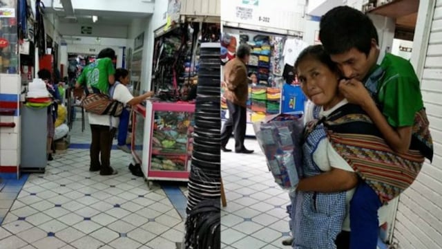 Madre carga a su hijo adolescente enfermo mientras vende en la calle (FOTOS)