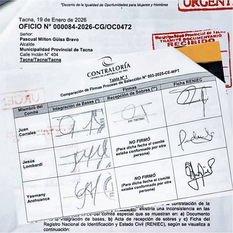 Existiría una inconsistencia en las firmas de los miembros del comité especial: Juan Corrales, Jesús Lombardi y Yasmany Arohuanca. (Foto: Difusión)