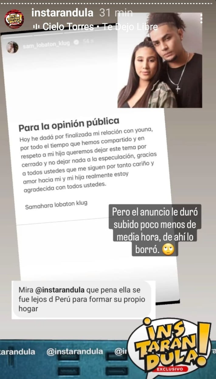 Samahara Lobatón anuncia su ruptura con Youna, pero se arrepiente y borra comunicado. (Foto: Captura Instarándula).