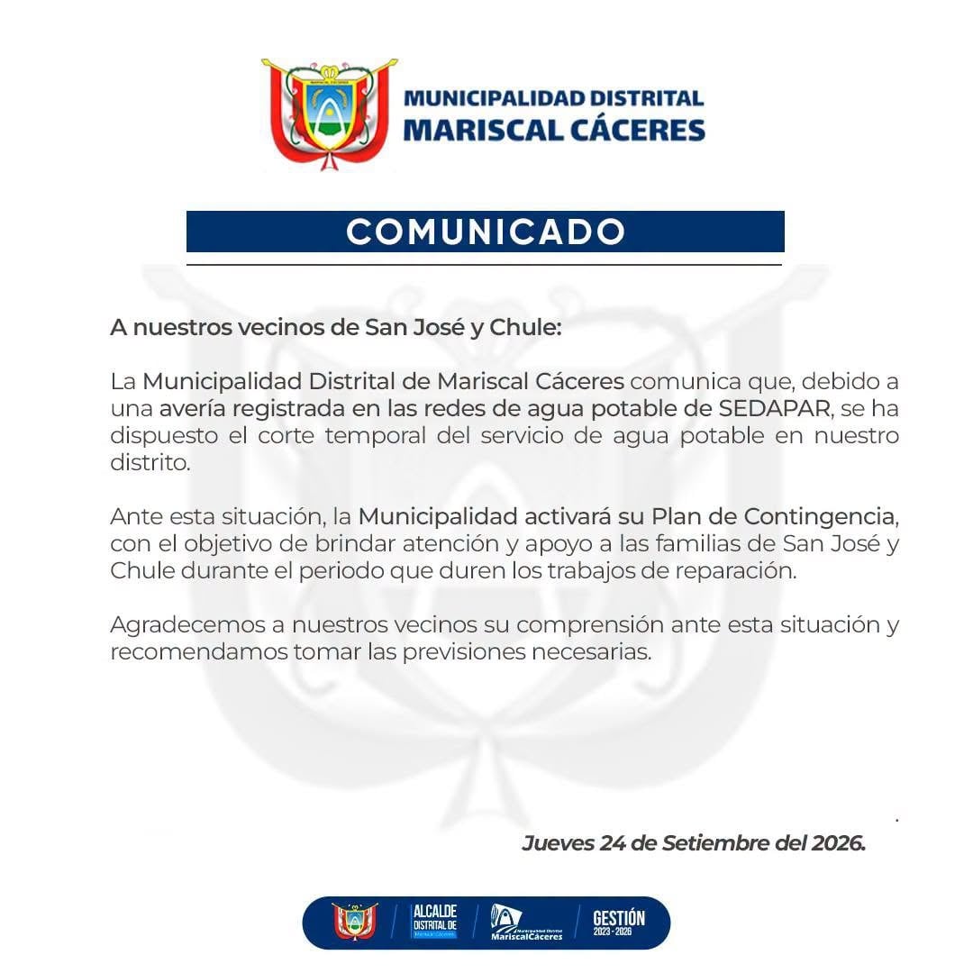 Comunicado del municipio de Mariscal Cáceres sobre corte temporal del servicio de agua potable.