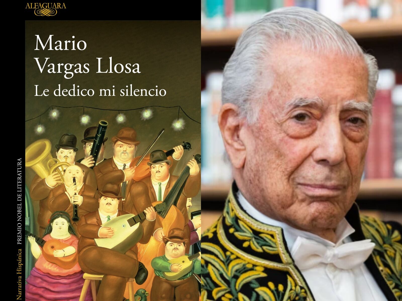 Mario Vargas Llosa junto a la portada de su novela "Le dedico mi silencio" (Foto: Alfaguara / EFE)