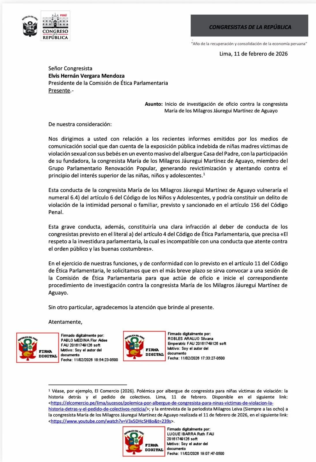 Congresistas Flor Pablo, Ruth Luque y Silvana Robles solicitaron a la Comisión de Ética iniciar investigaciones contra Milagros Jáuregui.