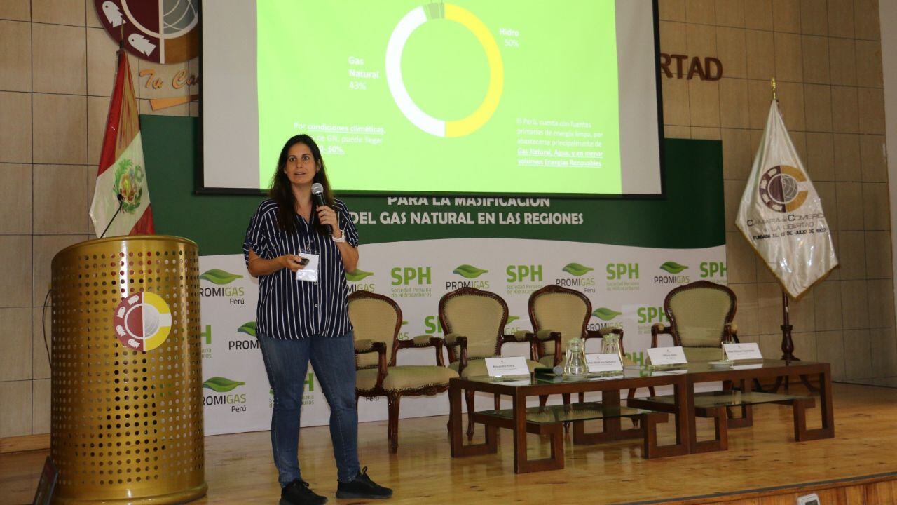 Tiffany Bayly Loero, gerente general de la SPH, presentó en Trujillo la hoja de ruta de la masificación del gas natural en el mediano plazo (2023-2026). Indicó que impacto de masificación será positivo porque dinamizará crecimiento económico.