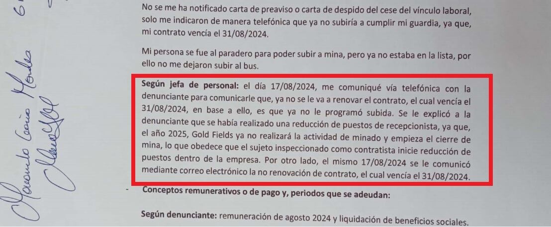 Párrafo donde se informa que minera Gold Fields cerrará operaciones mineras.