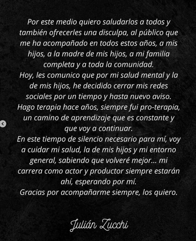 Comunicado de Julián Zucchi tras aparecer borracho en vivo. (Foto: Instagram)