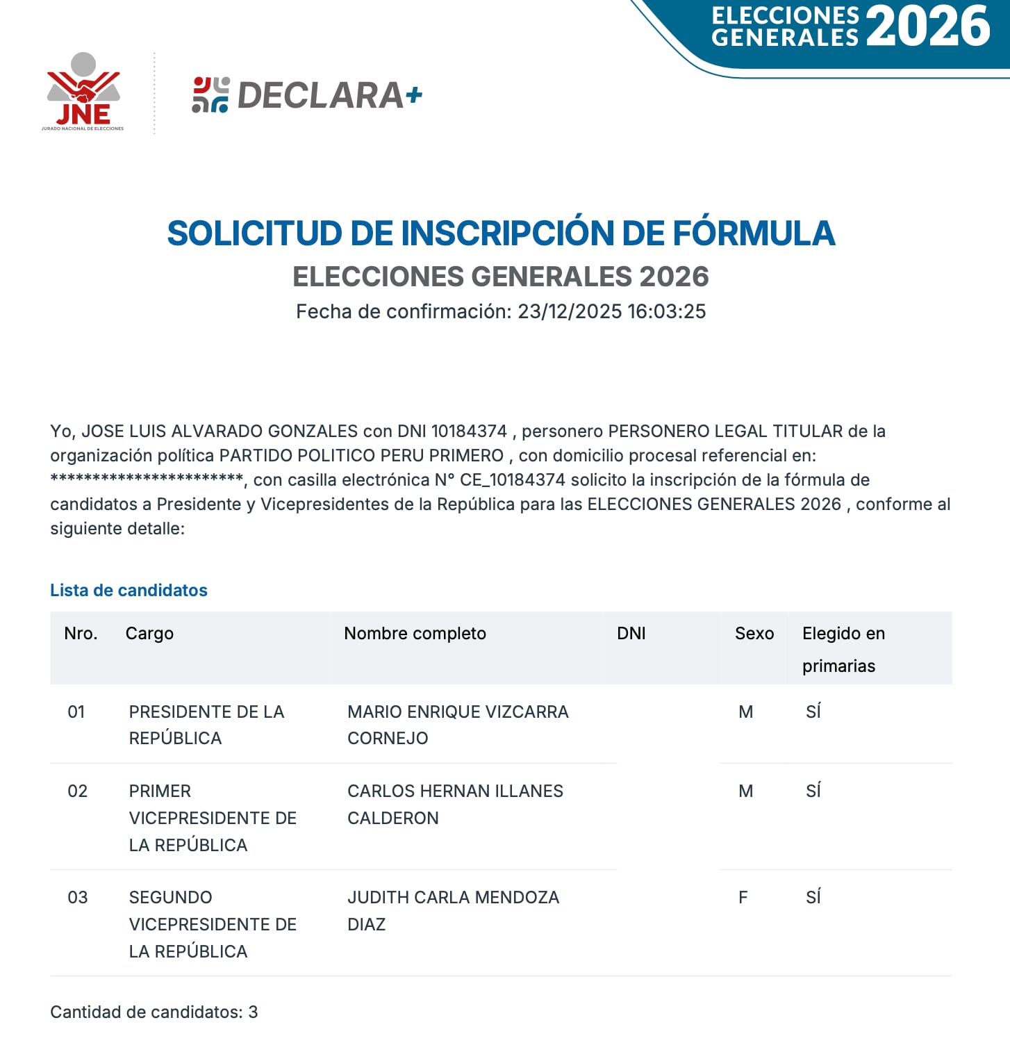 Esta es la fórmula presidencial de Perú Primero. (Foto: Captura documento JNE)