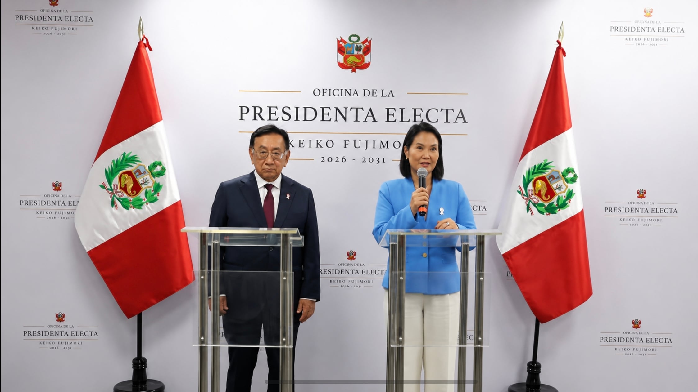Keiko Fujimori y José María Balcázar dieron un pronunciamiento en conjunto tras un encuentro e San Isidro. (Foto: GEC).