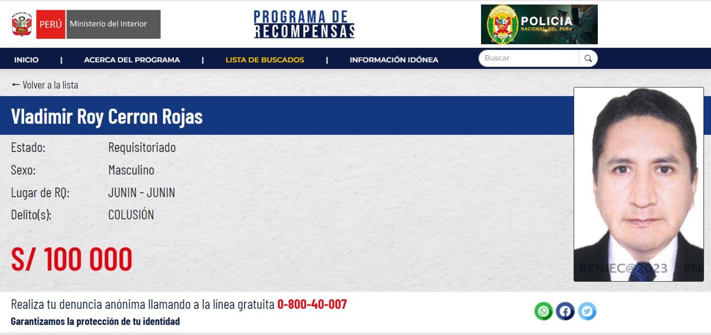 Ministerio del Interior ofrece 100 mil soles por información que ayude a la captura de Vladimir Cerrón