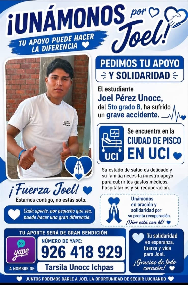 Pisco se une por Joel: estudiante permanece en UCI tras sufrir grave accidente