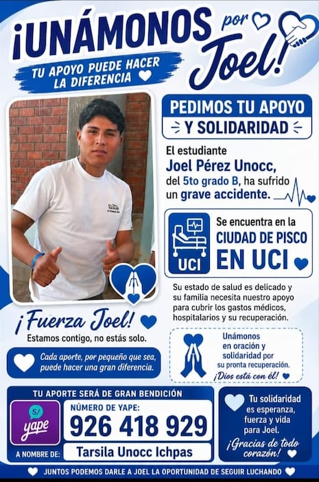 Pisco se une por Joel: estudiante permanece en UCI tras sufrir grave accidente