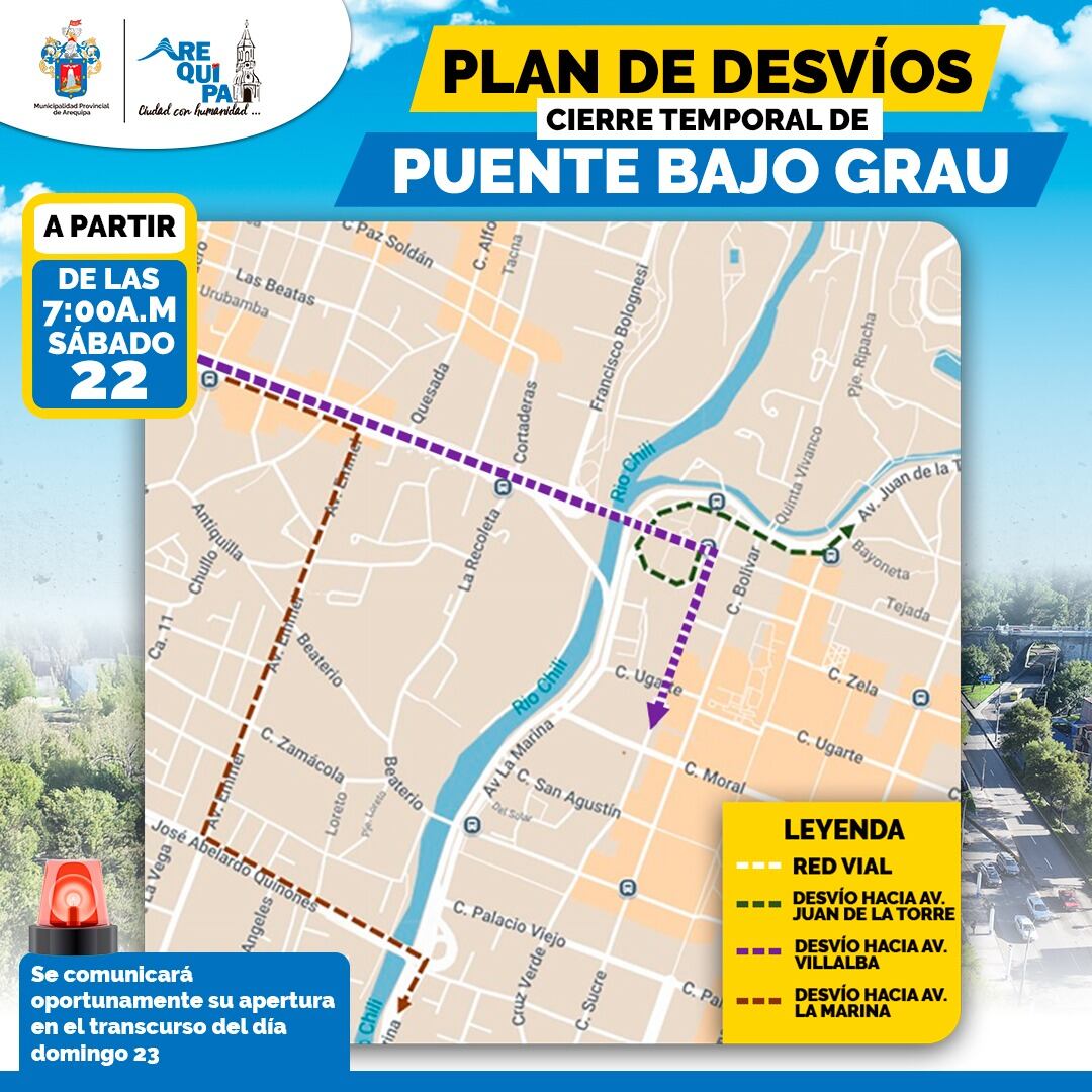 Plan de desvíos para el cierre temporal puente Bajo Grau, Arequipa. Foto: Difusión.