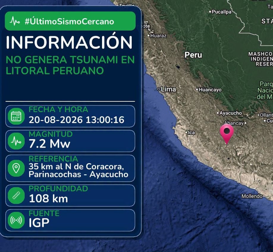 El movimiento telúrico ocurrió a las 13:00:16 y tuvo una profundidad de 108 kilómetros, según el Instituto Geofísico del Perú (IGP).