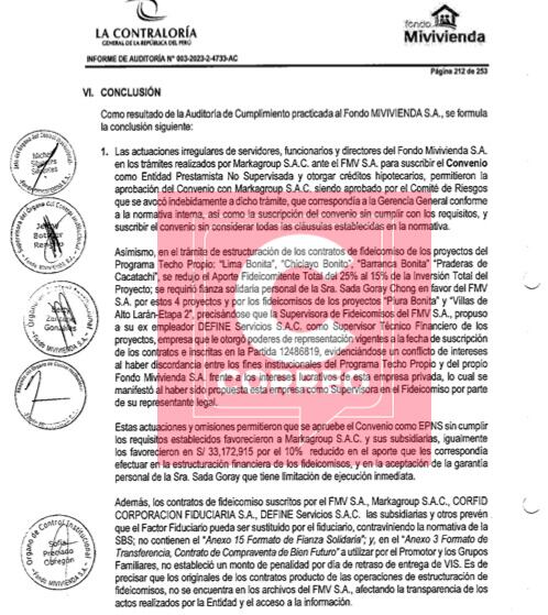 Contraloría concluye que no se respetaron los requisitos para aprobar el convenio entre Marka Group y el Fondo Mivivienda. (Foto: Informe de Contraloría)