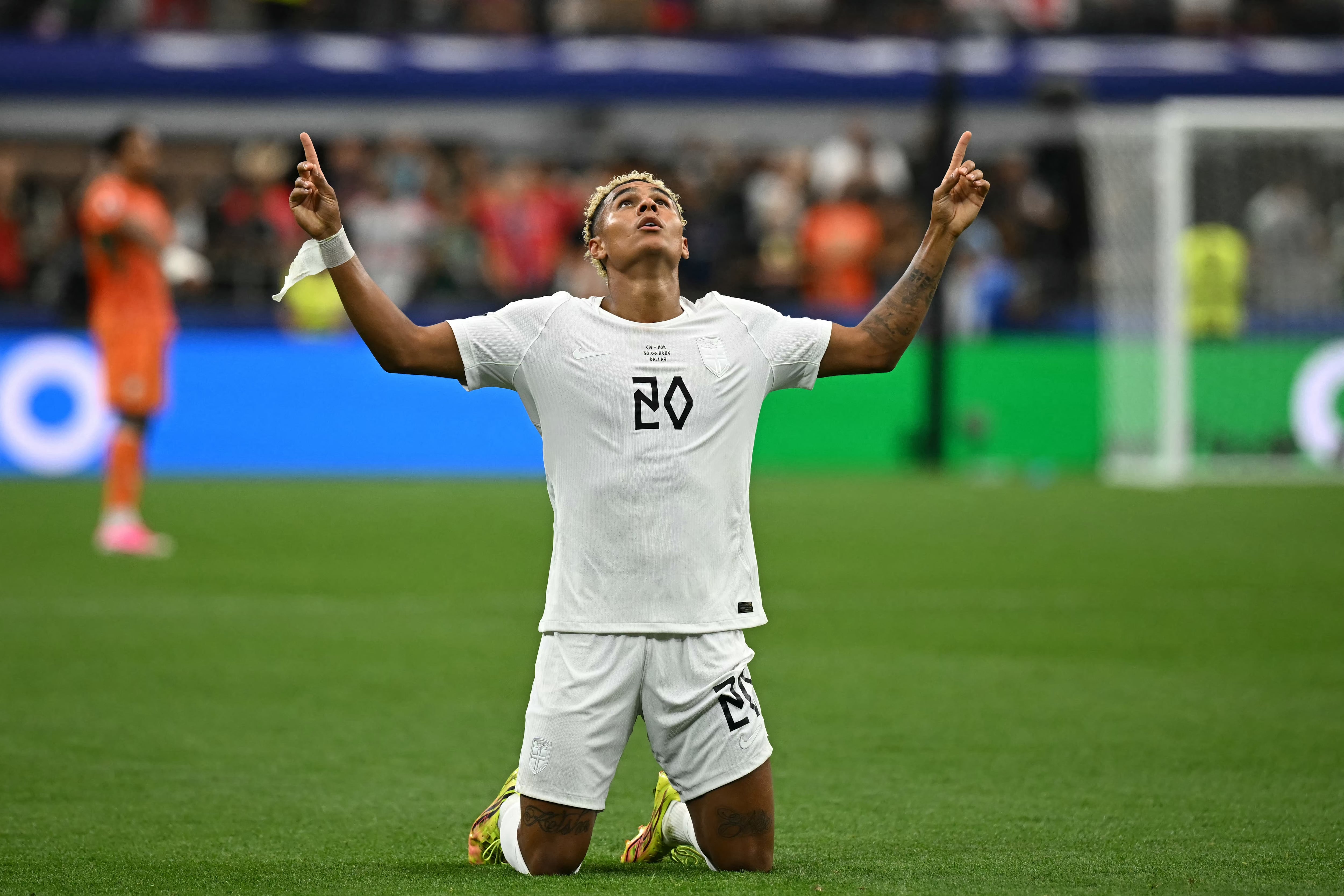 Norway's midfielder #20 Antonio Nusa celebrates after scoring the opening goal during the 2026 World Cup round of 32 football match between Ivory Coast and Norway at the Dallas Stadium in Arlington on June 30, 2026. (Photo by Paul ELLIS / AFP)