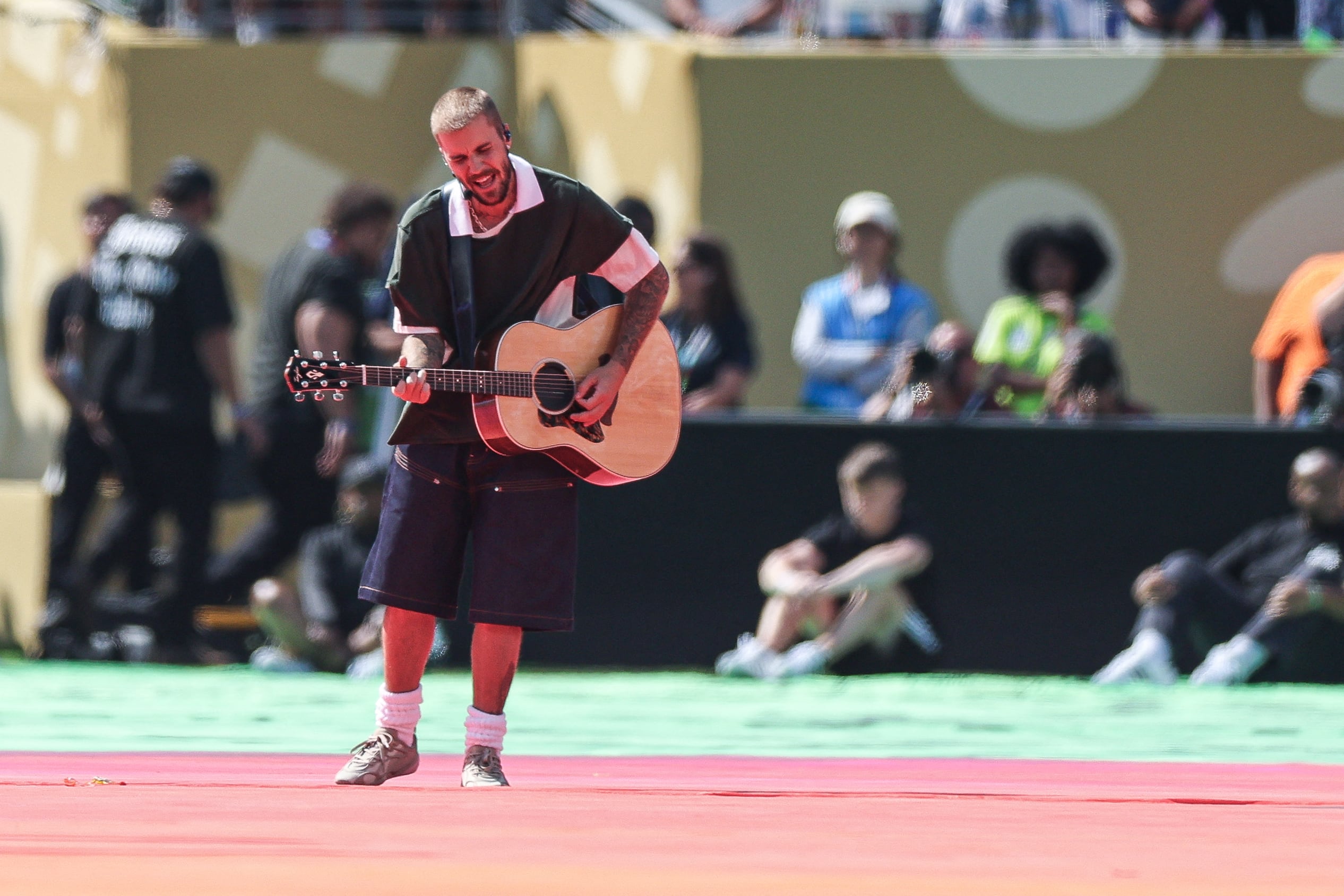 Canadian singer Justin Bieber performs during the halftime show of the 2026 World Cup football tournament final match between Spain and Argentina at the New York/New Jersey Stadium in East Rutherford on July 19, 2026. (Photo by PATRICIA DE MELO MOREIRA / AFP)