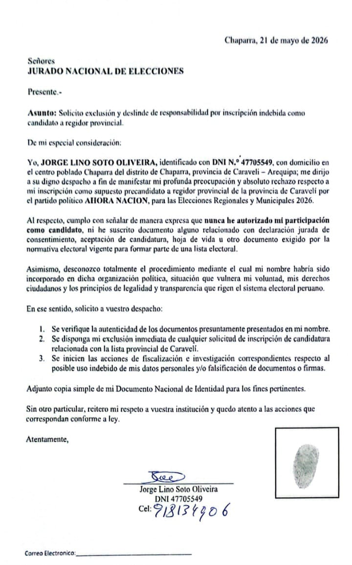 Jorge Lino Soto Olivera solicitó al Jurado la exclusión de la candidatura del partido político Ahora Nación, encabezada por el alcalde Chaparra