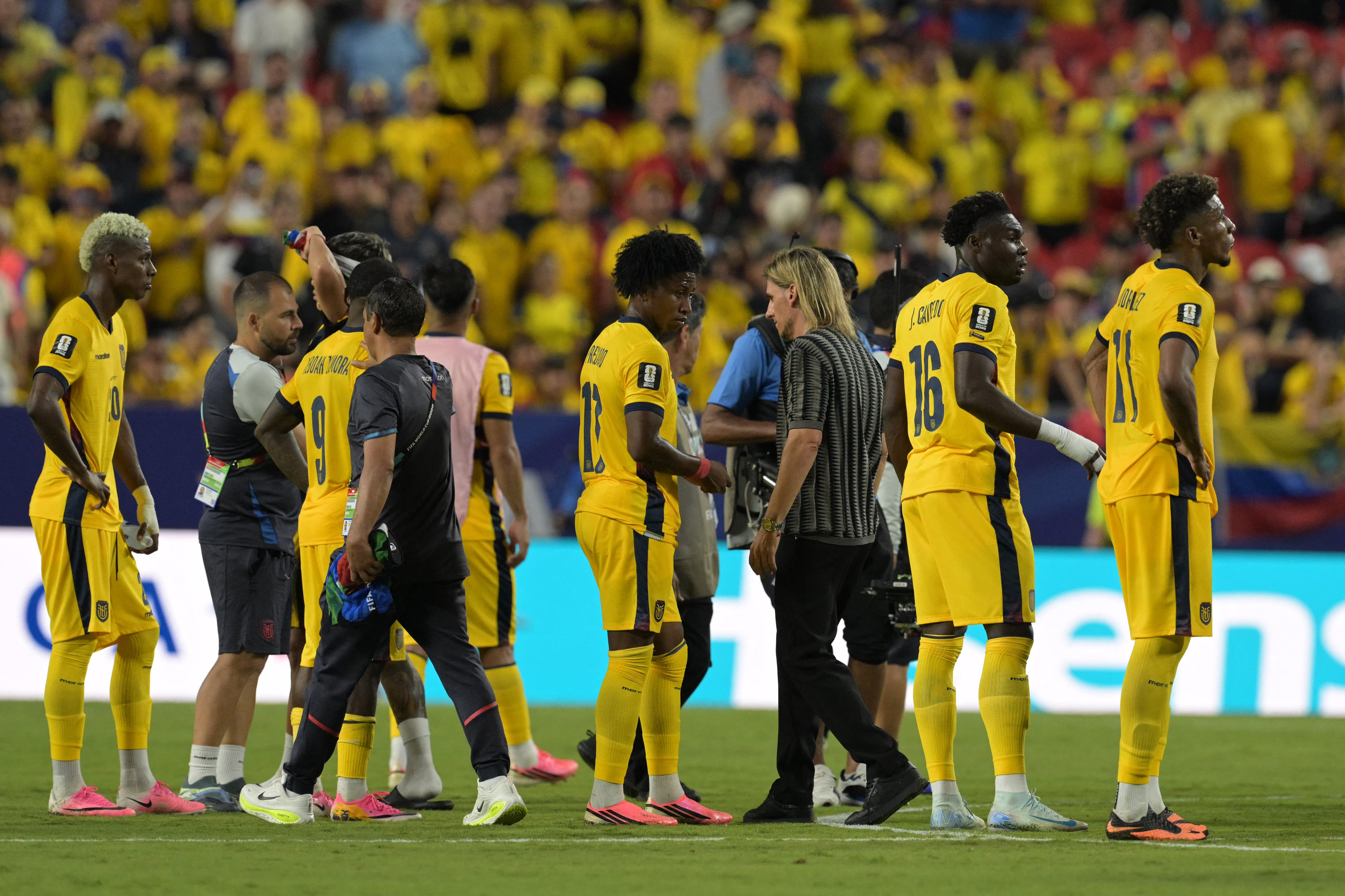 Ecuador's players react at the end of the 2026 World Cup Group E football match between Ecuador and Curacao at the Kansas City Stadium in Kansas City on June 20, 2026. (Photo by JUAN MABROMATA / AFP)