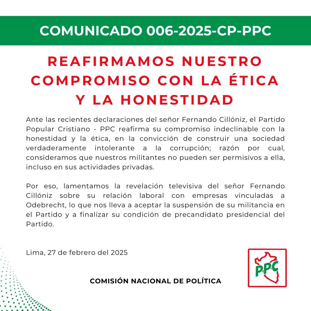Este es el comunicado del PPC sobre la suspensión de la militancia de Fernando Cillóniz. (Foto: X)