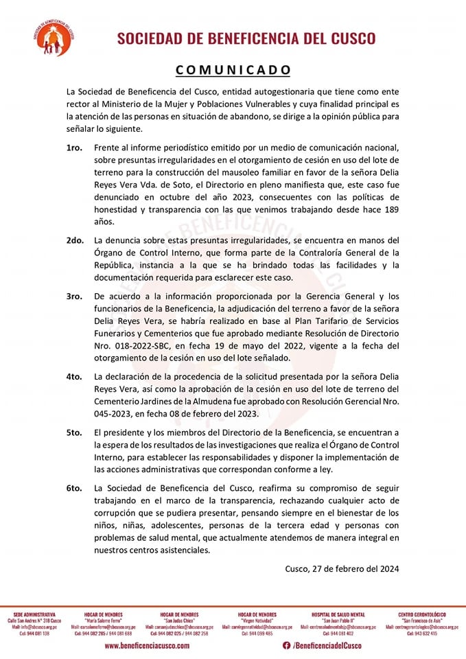 Sociedad de Beneficencia del Cusco.