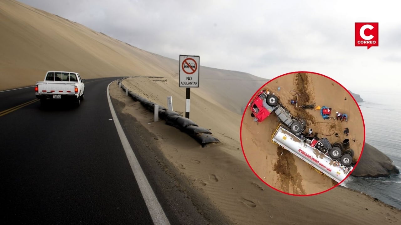 Accidente en Pasamayo: tráiler cisterna se desbarranca en el serpentín y conductor logra sobrevivir. Composición: Diario Correo.
