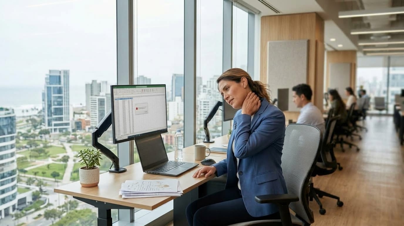 Dolor cervical, lumbalgia y sobrecarga muscular pueden aparecer durante jornadas prolongadas frente a una pantalla. Especialista recomienda combinar ergonomía, pausas activas y movimiento.