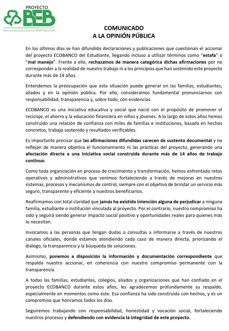 Comunicado de ECOBANCO