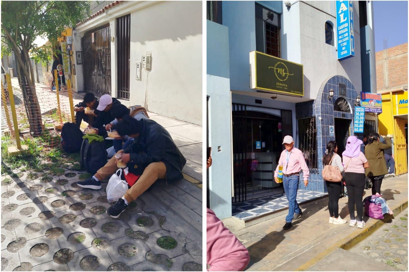 Delegación de danzarines almuerzan en la calle, en Arequipa. Foto: GEC.