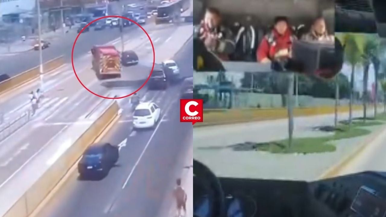 Camión de bomberos evita choque con auto que invadió vía exclusiva del Metropolitano en Chorrillos. Composición: Diario Correo.