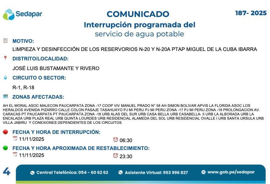 Corte de agua en 8 distritos de Arequipa.